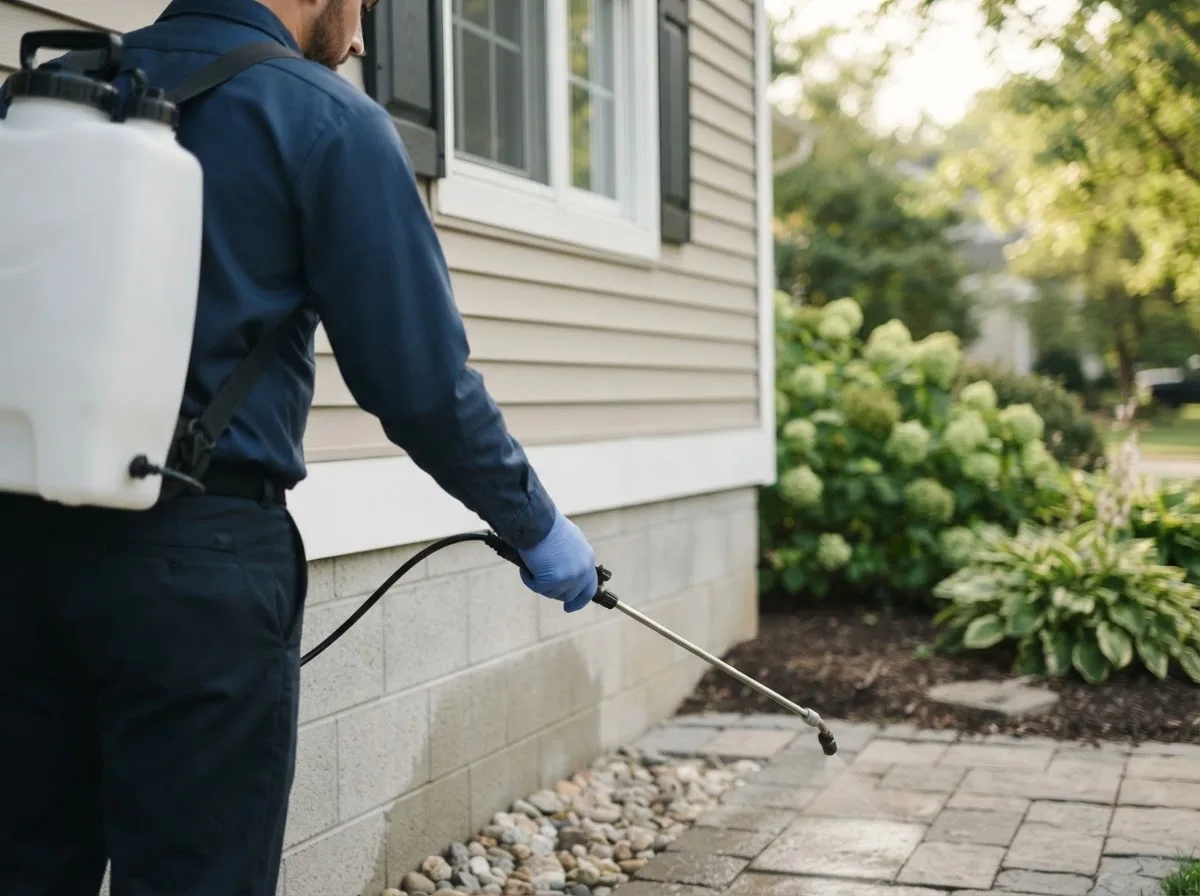 Pest control technician inspecting a home in Crescent, OK
